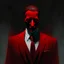 Placeholder: a sinister figure wearing a red suit with a red tie with no face and dirty slicked back hair