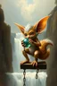 Placeholder: glorious transparent transcendent cute hairy gremlin elf fairy fox holding ball in chain on a balcony over waterfall, painted by Rembrandt