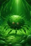 Placeholder: A green virus with spikes and eyes in a cave full of spiders