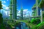 Placeholder: A futuristic alien city, with balconies, verandas, many arches, bridges, spires, paths, trees, dense foliage, Spanish moss, ivy, river, blue sky, white clouds