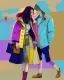 Placeholder: whimsical arafed nonsense, patchwork vibe, a young woman and a young man are strolling down a rainy whimsical downtown street (((with their arms linked))), (((exaggerated body parts))), (((oversize head))), sharp color contrasts, amazing shadows, (((exaggerated limbs and head))), minimal cozy, warm palette, bright bold warm summer colors with yellow orange black colors, color leak, heavily distorted views, amazing parallels