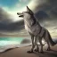 Placeholder: cute realistic detailed wolf dragon, 8k resolution, realistic, standing in front of the ocean on the beach, angel wings on the moon