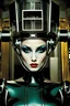 Placeholder: female humanoid robot, beautiful like a supermodel from the sixties, beautiful eyes, sexy, most beautiful, helmut newton, evil woman, hypnotic eyes, polaroid colors, electric sexuality