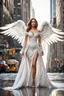 Placeholder: Front view excellent realistic portrait Beautiful Angel straddle wings with covering luxury Victorian gown,walking at new York City street