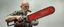 Placeholder: pop corn bucket that looks like a chain saw wielded by serious angry bald law man