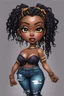 Placeholder: create a colorful abstract comic book art image 8k of a chibi curvy black female wearing torn jeans pants with fringe on the side and a black-tie dye off the shoulder blouse. Prominent make up with hazel eyes. Highly detailed long Senegalese twist in a hair wrap