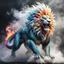 Placeholder: a sturdy colorful lion-like asian dragon with curly white fur, smokey breath and fire, claws, spikes along back, a long tail, moving forward out of the smoke and mist