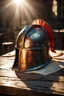 Placeholder: The Roman centurion's helmet lies on an old cracked wooden table. Next to the helmet, on the table, lies a cross on a string and a scroll of parchment. A ray of sunlight reflects off the helmet. All around is the entourage of ancient Rome. High quality image in 8K