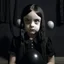 Placeholder: wednesday addams as a child, braids, a frange, a black balloon, polaroid, 1970s, empty black room, no emotion on her cold face