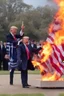 Placeholder: donald trump lights the american flag on fire while maniacally laughing