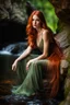 Placeholder: Close UP, delicate, cute, soft, skinny belly red haired Young lady, Green eyes , cave waterfall, medieval