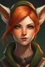 Placeholder: A female with short red hair, dark green eyes, large orange fox ears on top of her head, slight smile, pale skin, realistic