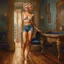 Placeholder: full length low angle airbrush portrait of young barefoot woman standing legs apart, wearing crop top and silk shorts with blond hair in pixie haircut, tan complexion, and wireframe glasses, sapphire pendant, confident expression, by pino daeni bare feet resting on hardwood floor, in opulent parlor with antiques, relief hangings, and a crystal decanter, perfect toes, pedicure