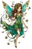 Placeholder: Forest fairy with iridesand teal wings and a cute short leaf dress and pointed ears and multiple vine earings and ear cuffs flying through a mythical forestand brown wavy hair trailing her