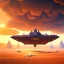 Placeholder: octane render volumetric desert environment, Ralph McQuarrie style painting of an armored hovercraft with cannon, floating in the air, highly detailed, minutiae, cloudy, storm, renderman, duststorm at sunrise