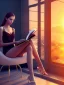 Placeholder: Beautiful, thin young woman, Arab home clothes, wavy hair, sitting on an office chair, reading a novel, next to a window, outside the window is sunset , 8k, finely detailed, photo realistic, cinematic