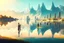 Placeholder: Sunny day, distant modern city, lake, lake reflections, people, mountains, sci-fi