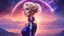 Placeholder: Full body portrait of a peaceful ((smiling)) gorgeous blonde Goddess of the galaxies with a blue indigo purple skin, high skul, luminous eyes, she is in a galactic sunset with a mothership in the sky behind.