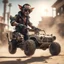 Placeholder: airbrush with pen outline, cool space mad max pimp preacher gremlin holding automatic pistol, and jumping with a dune buggy against a wall wearing driver gloves, wearing flip down sun glasses, in the style of a fallout 4,bokeh like f/0.8, tilt-shift lens 8k, high detail, smooth render, down-light, unreal engine, prize winning