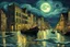 Placeholder: Oceanscape , moonlight, bright, waves, old buildings, reflections, street lights, people on lit boats, digital painting in style of Van Gogh