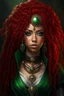 Placeholder: 26-year-old mulatto sorceress, green eyes, wavy blood red hair, dressed in steampunk style