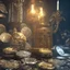 Placeholder: dynamic lighting, Intricately detailed, Splash screen art, deep color, Unreal Engine, volumetric lighting, silver coins, gold coins, silver treasure, stacked coins, indoors, candle, altar, black table, sigil,