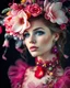 Placeholder: Gorgeous Realistic Photography Camera Lens soft blur Pretty European Supermodel as Beautiful Fairytale, a stunning beautiful women adorned in vibrant carnival attire, ethereal beauty, black background, with swirling colors and fantastical tiny flowers, enchantment and grace, twisted vines, whimsical, surreal landscapes, emotive style, dreamlike quality, and magical realism, carnival red, ethereal pink, whimsical blue, vibrant green, celestial purple, golden amber, and shimmering silver