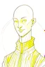 Placeholder: full colour drawing, portrait, 22-year old friendly slender female human cleric, shaved head, blonde eyebrows