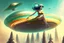 Placeholder: beautiful woman riding flying saucer over future alien city