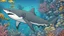Placeholder: comic style, realistic coloring, underwater, coral reef, shark