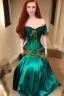 Placeholder: Busty princess full body with long auburn hair green eyes wearing a big dark teal green and gold satin ballgown corset off shoulder top at night