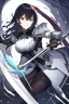 Placeholder: Anime girl with short black hair and sharp green eyes holding a spear, black and white metal armour,