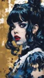 Placeholder: Poster in two gradually, a one side malevolent goth vampire girl face and other side the Singer Melanie Martinez face, painting by Yoji Shinkawa, darkblue and gold tones,