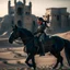 Placeholder: woman riding black stallion in castle in the desert, photo-realistic, shot on Hasselblad h6d-400c, zeiss prime lens, bokeh like f/0.8, tilt-shift lens 8k, high detail, smooth render, down-light, unreal engine, downlight