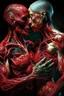 Placeholder: cinematic gore photorealistic fleshy dmt lsd photo of 2 bodies making love, 1 male 1 female, 1 soul, complementary, anatomically fragmented, ripped apart again being flayed, skinned alive. A beating heart, muscles, blood vessels, bowels, entrails are exposed. anatomy. physiology. astrology. astronomy. hallucinations. mythology. grotesque.