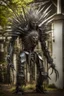 Placeholder: A sinister humanoid creature made entirely of sharpened metal blades and spikes stands before a mechanical tree Photograph.