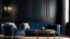 Placeholder: Blue sofa and armchair against black paneling wall. Art deco home interior design of modern living room.