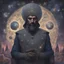 Placeholder: The Muslim commander in a battle dress made of galaxies and stars with a glove that has seven endless stones with a powerful army behind him A forest with dense trees