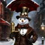 Placeholder: Surreal steampunk snowman mayor; snowman wearing a distressed leather top hat, brass googles resting, tin can pipe snugly fit in the corner of its mouth, steampunk mechanical arm holding an ornate metal umbrella, winter wonderland adorned with intricate steampunk enhancements, juxtaposed with traditional Victorian snow-capped townhouses, brass gear clock perched on a corner building, all drawn with excruciating absurd abundance of delicate detail, by Moebius.