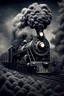 Placeholder: A steam train made of swirling smoke, with intricate patterns and designs on the locomotive's body. The artwork uses focus stacking and digital art techniques to create a surreal and detailed background. The dark, white and gray style depicts hyperrealistic sculptures and hyperdetailed illustrations of surreal and dreamy landscapes in the style of hyperphotorealism. Silver, black and grey colors are used.