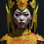 Placeholder: Thai woman, rounded face, blood, black, red, blue, gold, samurai helmet, decorative color feathers, retro, bamboo, leather, soft color, highly detailed, art stations, concept art, smooth, unreal engine 5, god rays, ray tracing, RTX, lumen lighting, ultra detail, volumetric lighting, 3d, finely drawn, high definition, high resolution.