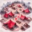 Placeholder: dnd, fantasy, top-down map, map of a large camp, demonic wastes, red, dark, black sand, tents, illustration, watercolour