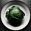 Placeholder: very simple wooden plate with cabbage, black and white photograph, high contrast, underexposed, rich details