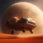 Placeholder: volumetric desert environment, Ralph McQuarrie style painting of an armored hovercraft with cannon, floating in the air, highly detailed, renderman, duststorm at sunrise