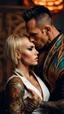 Placeholder: Jason david frank muscular male with short dark hair and tribal tattoos, wearing a designer suit, whispering in ear of young blonde woman, with short hair, wearing short white dress. fantasy, hyper realistic