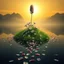 Placeholder: A surreal and dreamlike landscape featuring a single majestic [flower type] rising above a cluster of similar blooms. The flowers grow from a patch of vibrant green grass that floats atop a reflective water surface. Scattered petals extend across the water like a path, leading the viewer’s eye into the distance. In the background, shadowy mountains loom under a golden-yellow sky, casting a warm, ethereal glow. The water reflects the flowers, petals, and mountains, enhancing the mystical atmosphe