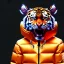 Placeholder: Tiger toddler, smile, cyberpunk headphone, sunglass, gangsta neckless, full body, orange puffer jacket, tokio background, dramatic lighting, hyper realistic, unreal engine 5, 16k