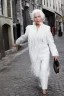 Placeholder: a woman white hair luxury stlye in a street