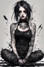 Placeholder: Petit girl goth many tattoos on his body, fullbody, lying pose, style texture paint splashes and streaks and blotches industrial