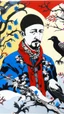 Placeholder: A contemporary serigraphy portrait by Matisse and Kunisada of a person with the head of a crow, dressed with a punk leather jacket within a snowy Christmas atmosphere.